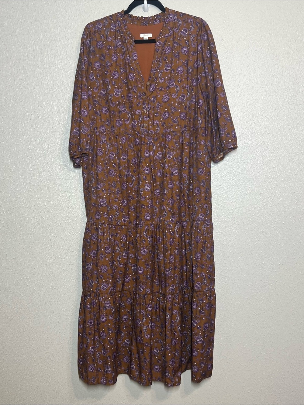 J Jill Maxi Dress Womens LP Large Petite Brown Floral Tiered Puff Sleeve - Picture 16 of 16